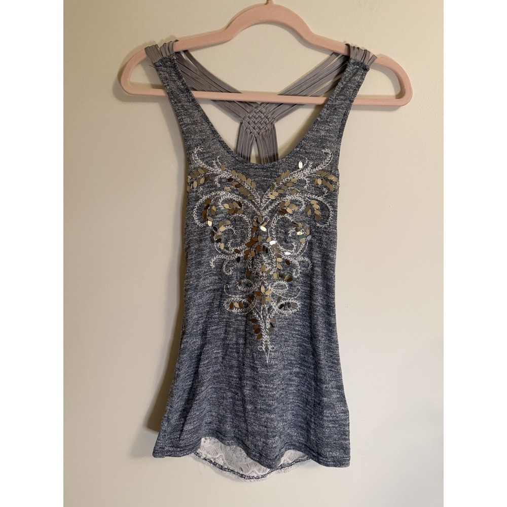 Miss Me Y2K Gray Sequin Tank Top Macrame Braided Straps Open Lace Back S